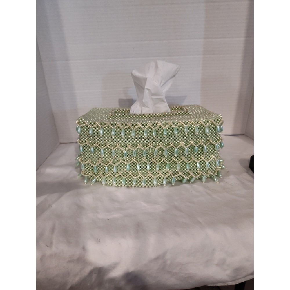 Handmade Green & White Beaded Tissue Box Cover 9.5"x4.5"x 5.5" Standard box size
